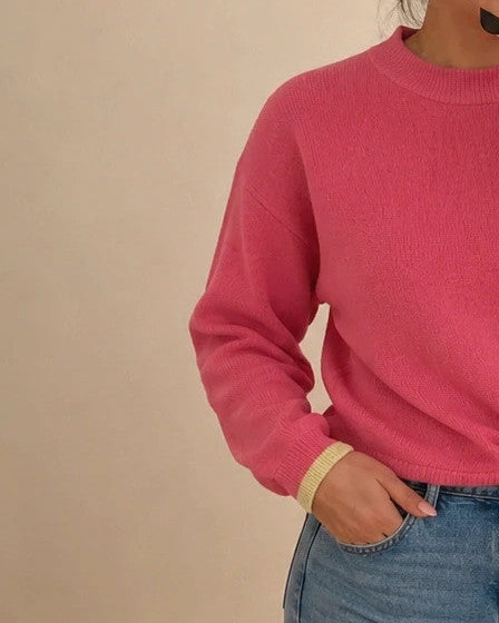 ONLY pink oversized pullover with drawstring detail and cream contrast stripes on sleeves.