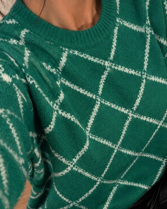 ONLY green and cream oversized pullover with checkered pattern and soft knit material.