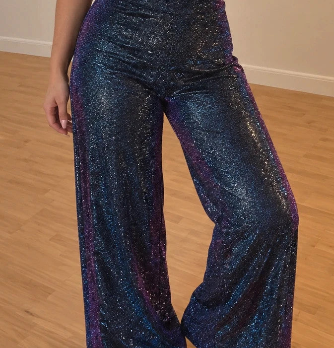 SheIn blue glitter flared pants with color-changing effect and high waist design.