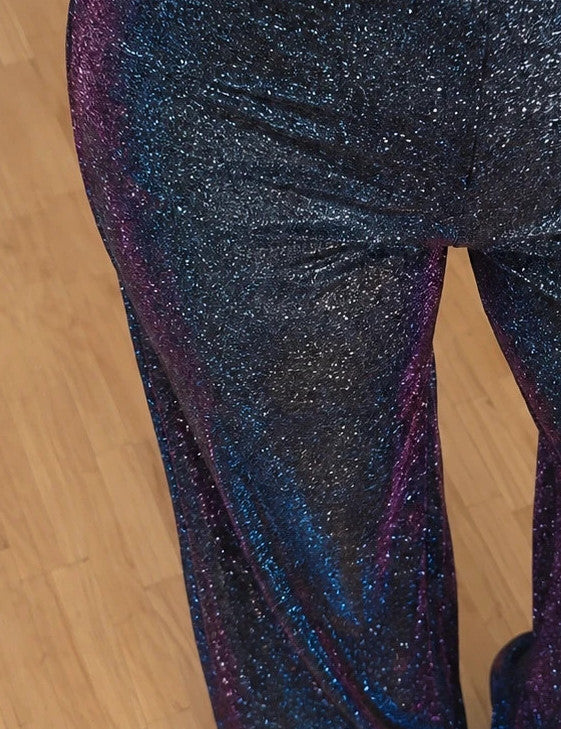 SheIn blue glitter flared pants with color-changing effect and high waist design.