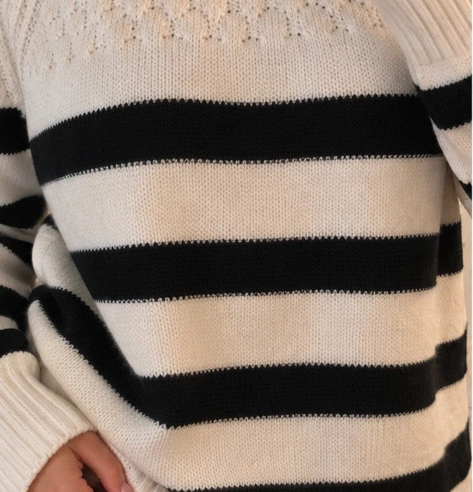 ONLY oversized cream and black striped sweater with ribbed cuffs and round neckline.