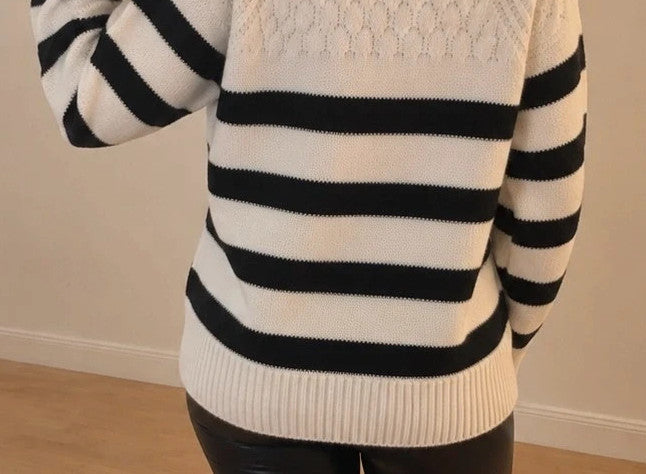 ONLY oversized cream and black striped sweater with ribbed cuffs and round neckline.