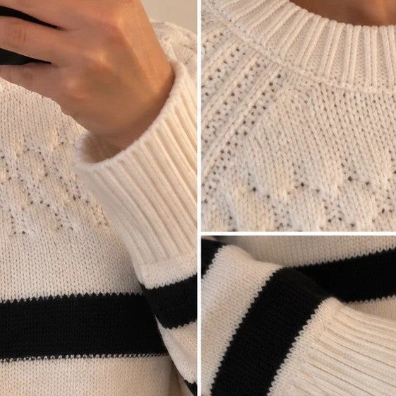 ONLY oversized cream and black striped sweater with ribbed cuffs and round neckline.