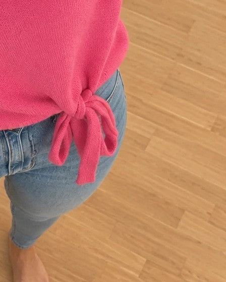 ONLY pink pullover with drawstring detail, round neckline, and contrasting sleeve cuffs.