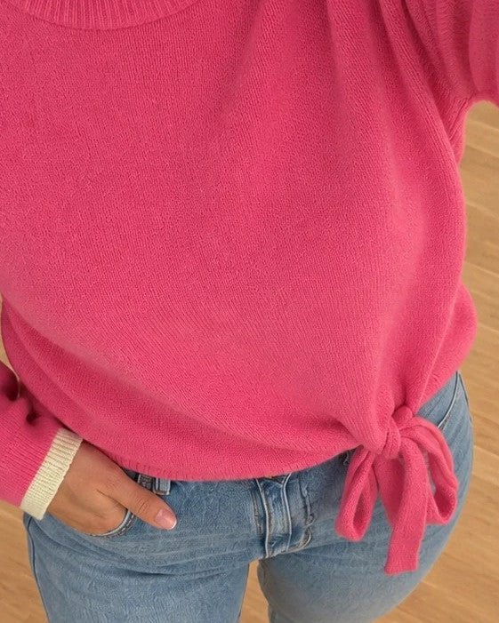 ONLY pink pullover with drawstring detail, round neckline, and contrasting sleeve cuffs.