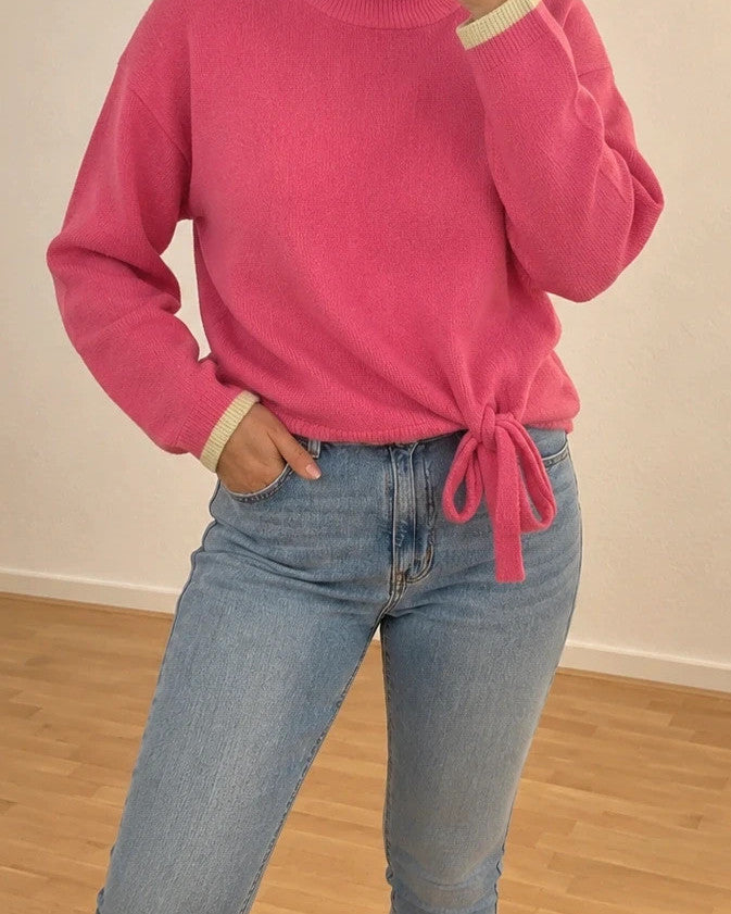ONLY pink pullover with drawstring detail, round neckline, and contrasting sleeve cuffs.