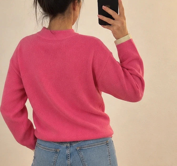 ONLY pink pullover with drawstring detail, round neckline, and contrasting sleeve cuffs.