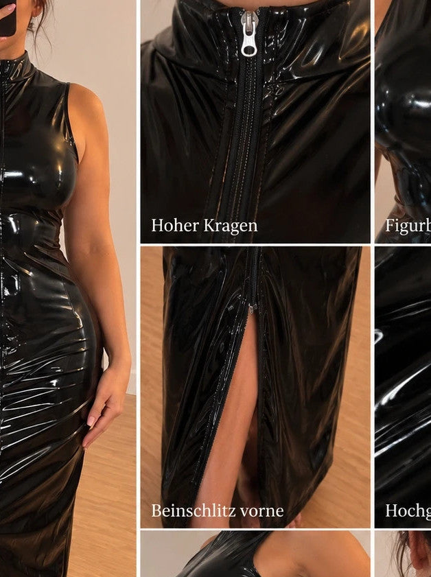 REI black linen maxi dress high-gloss wetlook with front zipper and thigh slit.