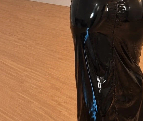 REI black linen maxi dress high-gloss wetlook with front zipper and thigh slit.