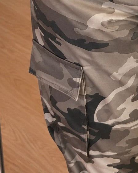 SheIn grey camouflage joggers with large cargo pockets and drawstring waistband.