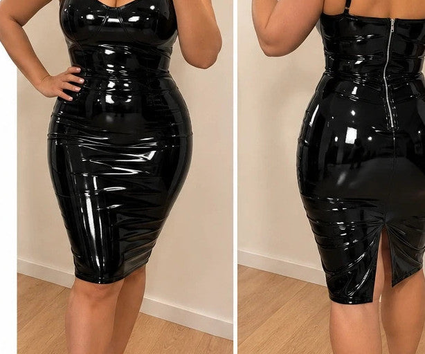 Stark black midi dress with shiny wetlook finish and adjustable spaghetti straps.