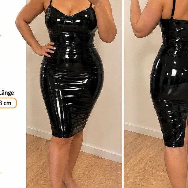 Stark black midi dress with shiny wetlook finish and adjustable spaghetti straps.
