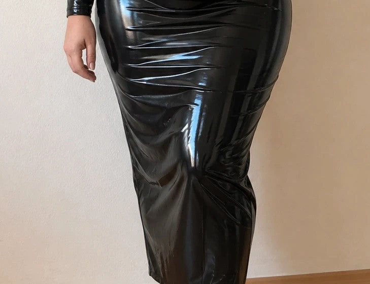 REI black linen maxi dress with glossy wetlook finish, long sleeves, high collar.