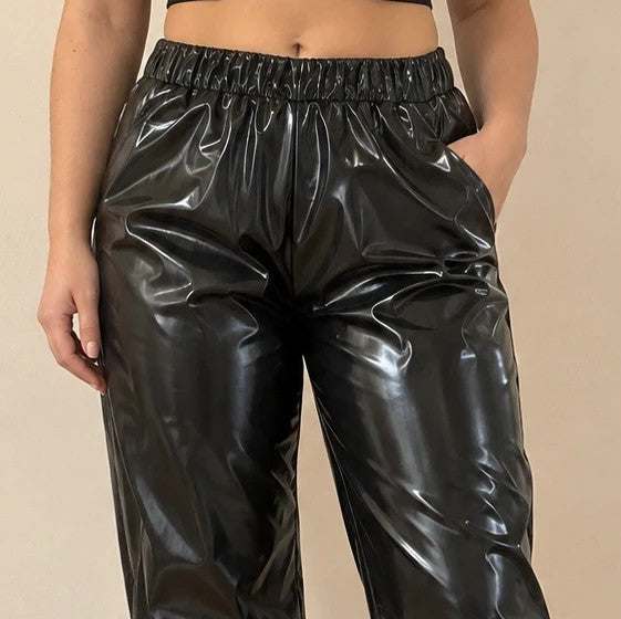 Che black joggers glossy finish elastic waistband relaxed fit