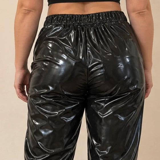 Che black joggers glossy finish elastic waistband relaxed fit