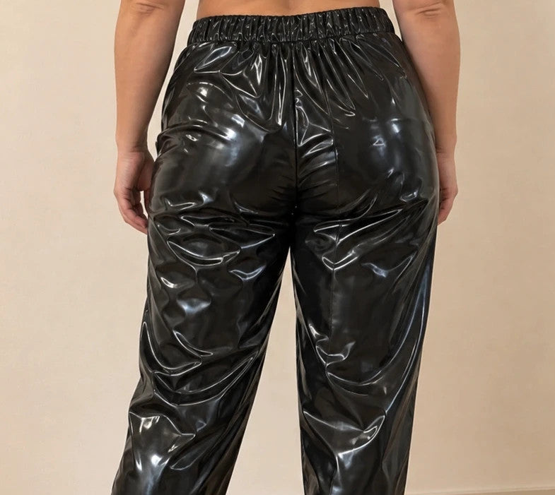 Che black joggers glossy finish elastic waistband relaxed fit