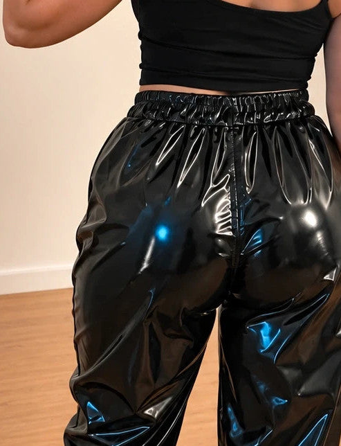 Bequem black joggers high-shine finish with elastic waistband and cuffs.