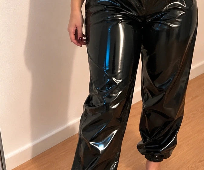 Bequem black joggers high-shine finish with elastic waistband and cuffs.