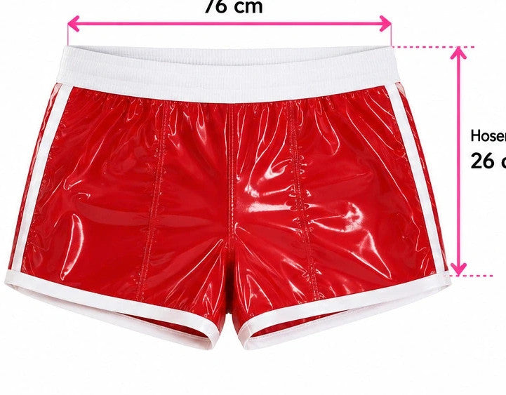 Herren red shorts glossy finish with white contrast details and elastic waistband.