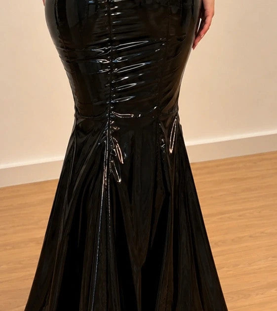 Stark black linen maxi dress glossy wetlook finish, fitted silhouette, high neck, half sleeves.