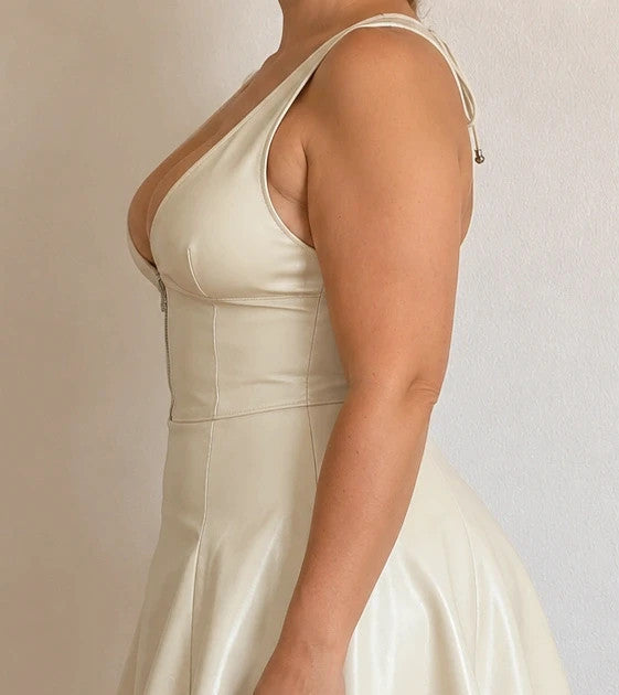 REI cream bandage dress glossy faux leather deep V-neck backless with zipper detail