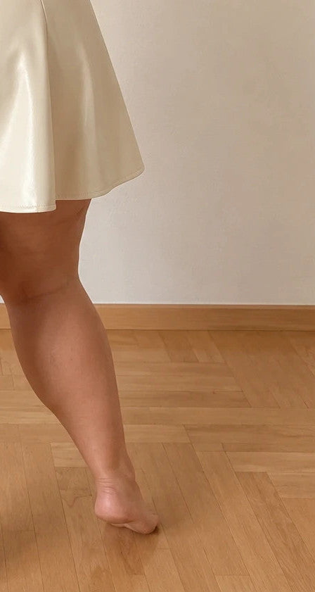 REI cream bandage dress glossy faux leather deep V-neck backless with zipper detail