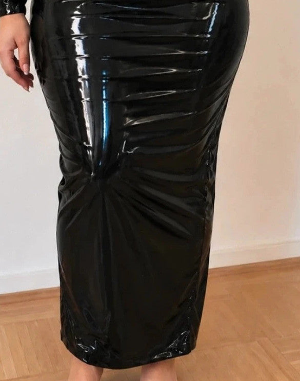 Stark black linen maxi dress, long sleeves, high collar, glossy finish, body-hugging fit.