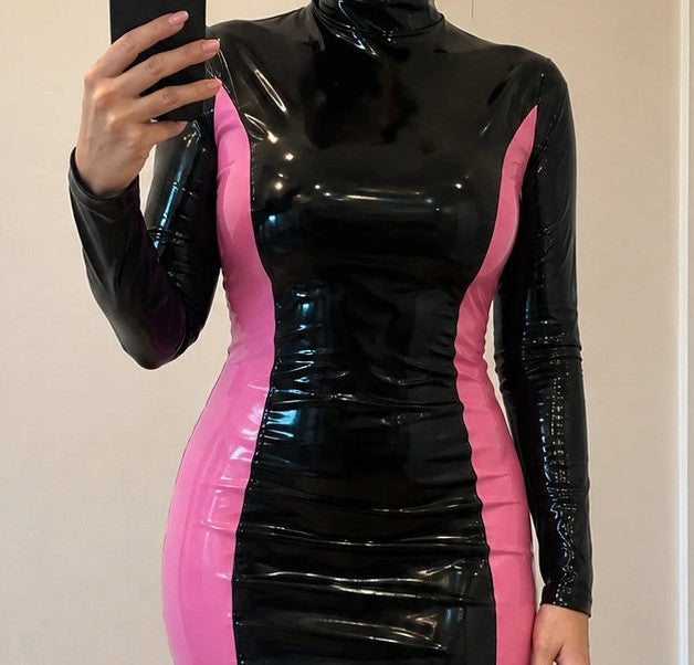 Stark black and pink bandage dress, glossy wetlook, long sleeves, high collar, bodycon fit.