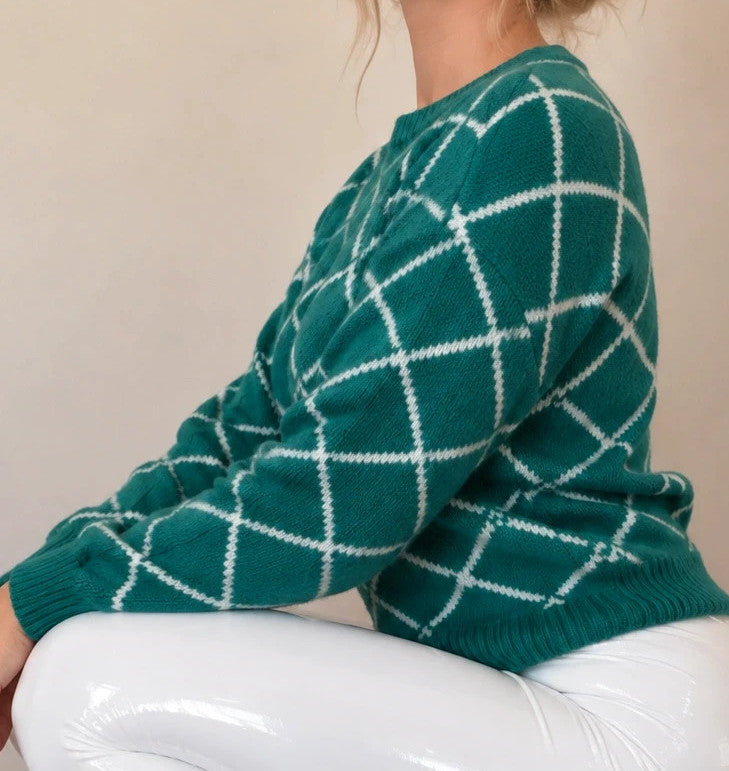 ONLY green pullover size L with white pattern and thick knit material.