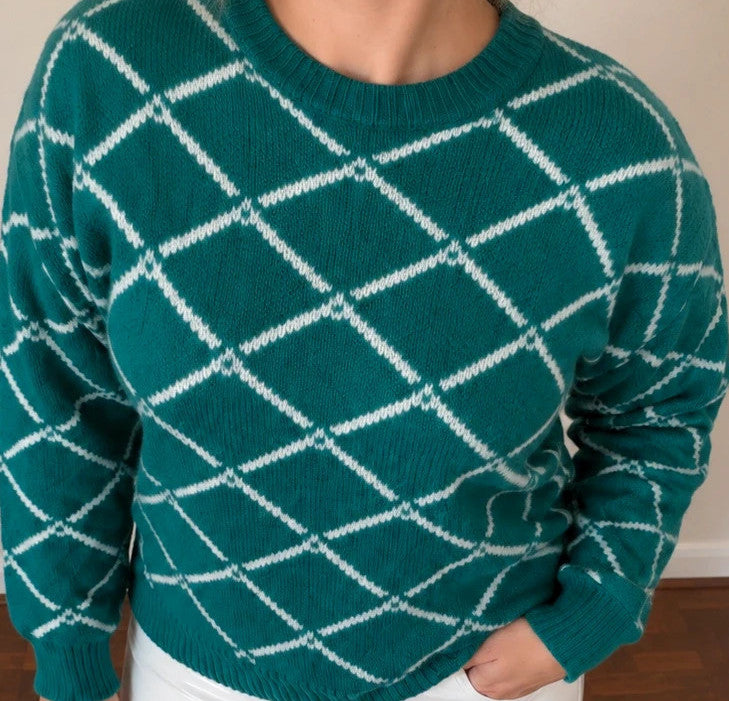 ONLY green pullover size L with white pattern and thick knit material.