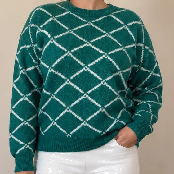ONLY green pullover size L with white pattern and thick knit material.