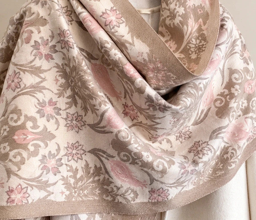 beige floral shawl beige pink 100% polyester large size 185x65 cm