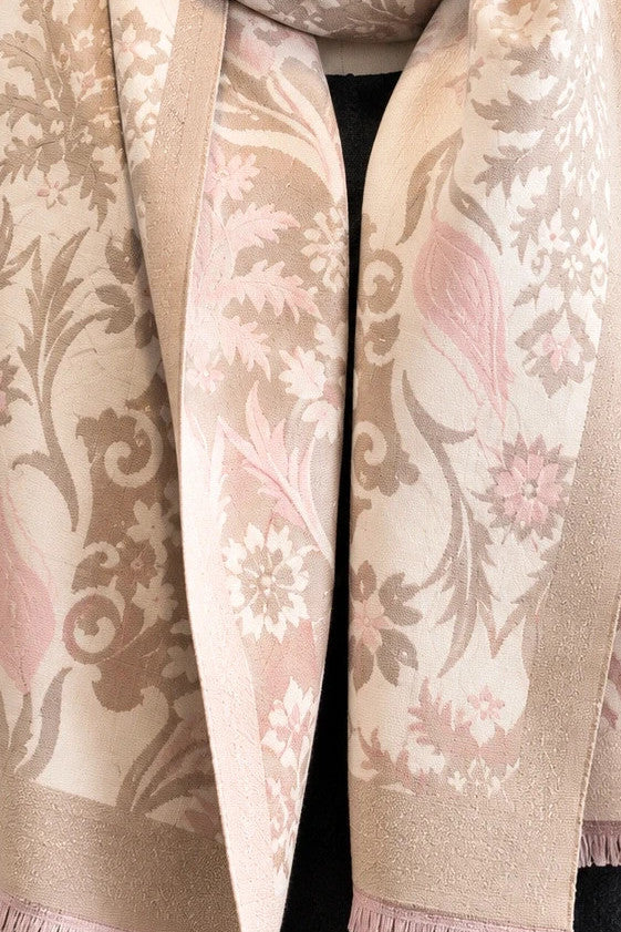 beige floral shawl beige pink 100% polyester large size 185x65 cm