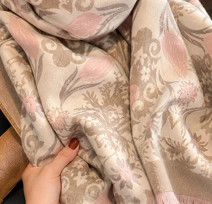 beige floral shawl beige pink 100% polyester large size 185x65 cm