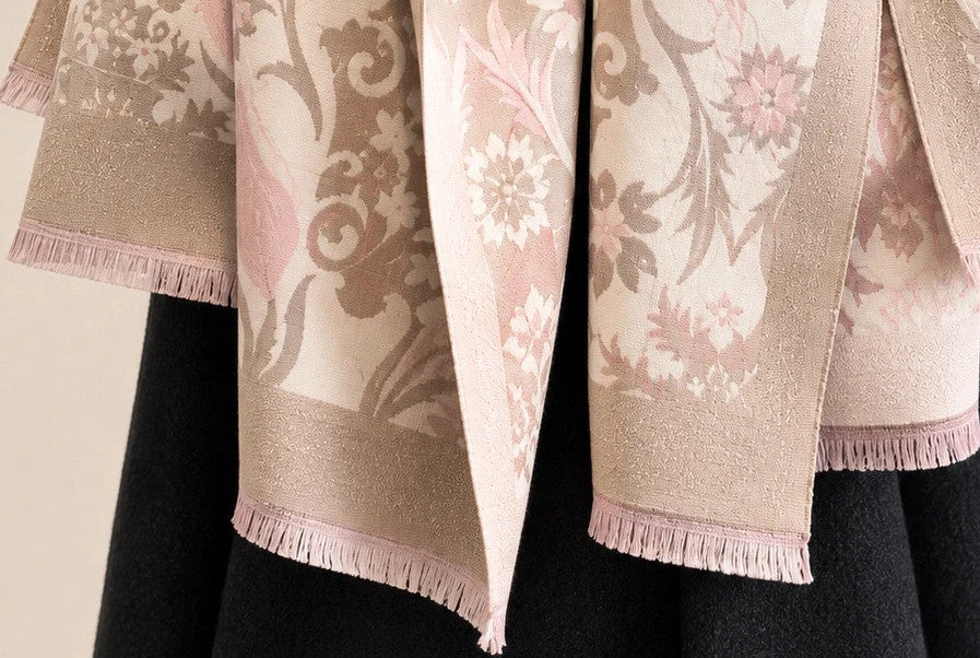 beige floral shawl beige pink 100% polyester large size 185x65 cm