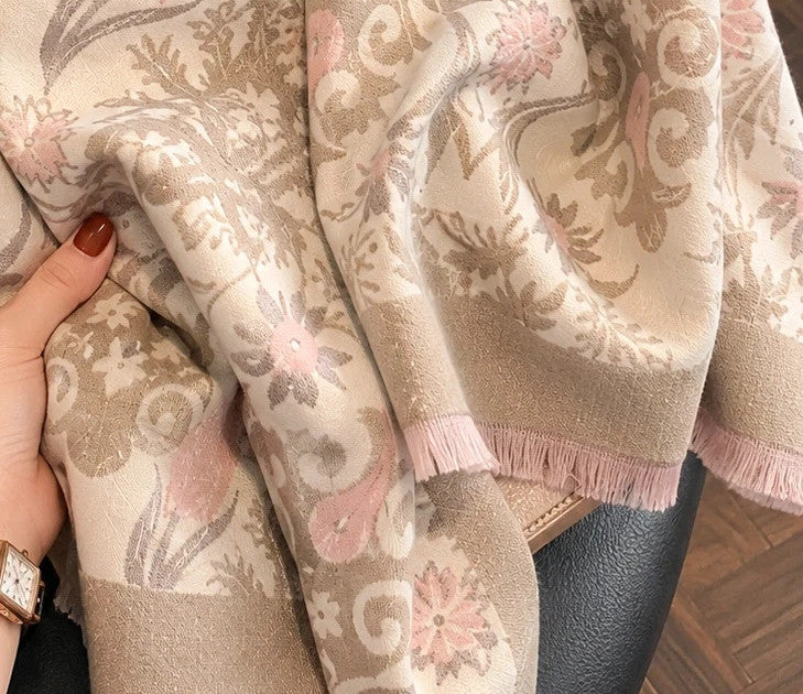 beige floral shawl beige pink 100% polyester large size 185x65 cm