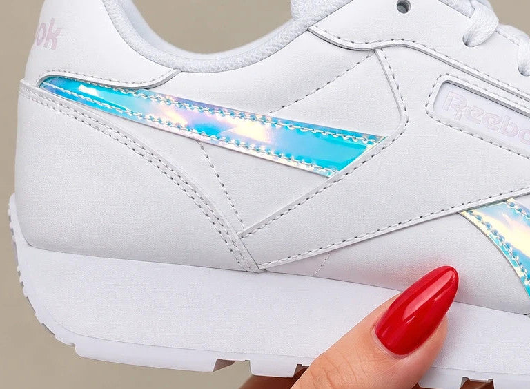 Reebok white trainers hologram details, synthetic material, classic logo design.