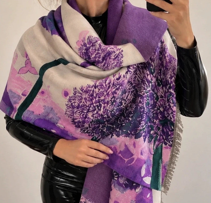 ALS beige and purple shawl with fringe, featuring a vibrant pattern in lilac and cream.