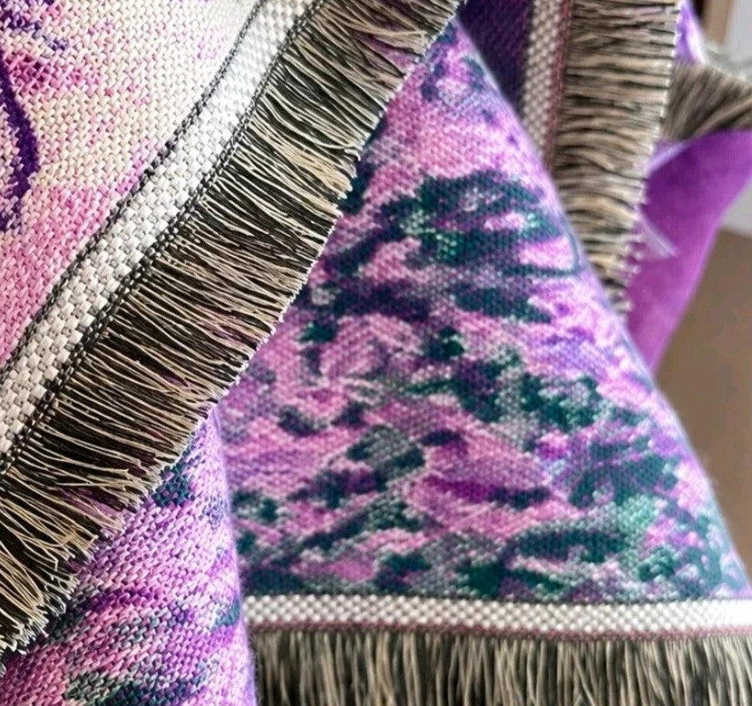 ALS beige and purple shawl with fringe, featuring a vibrant pattern in lilac and cream.