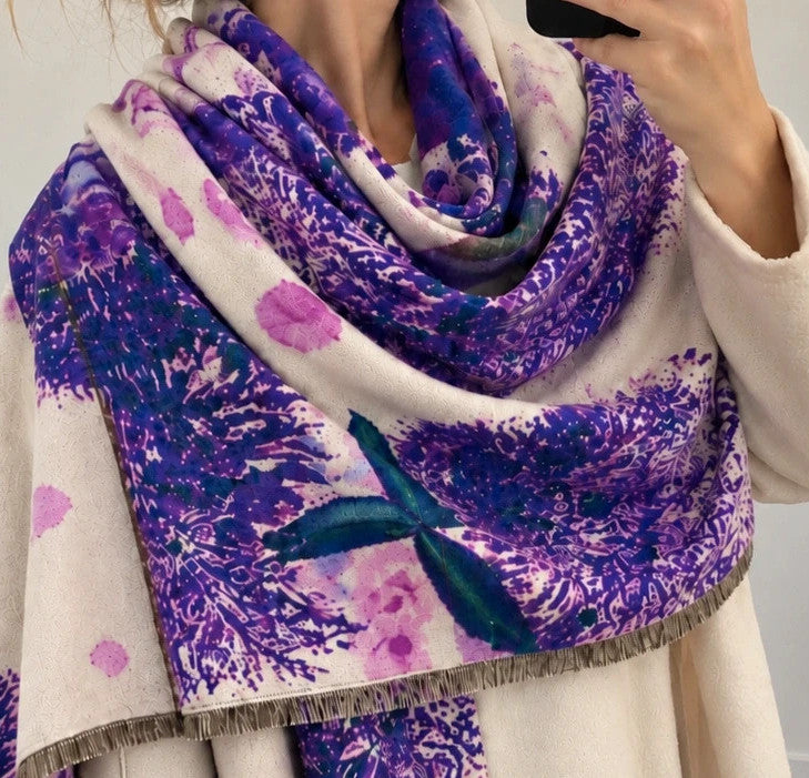 ALS beige and purple shawl with fringe, featuring a vibrant pattern in lilac and cream.