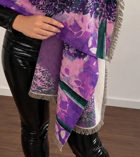 ALS beige and purple shawl with fringe, featuring a vibrant pattern in lilac and cream.