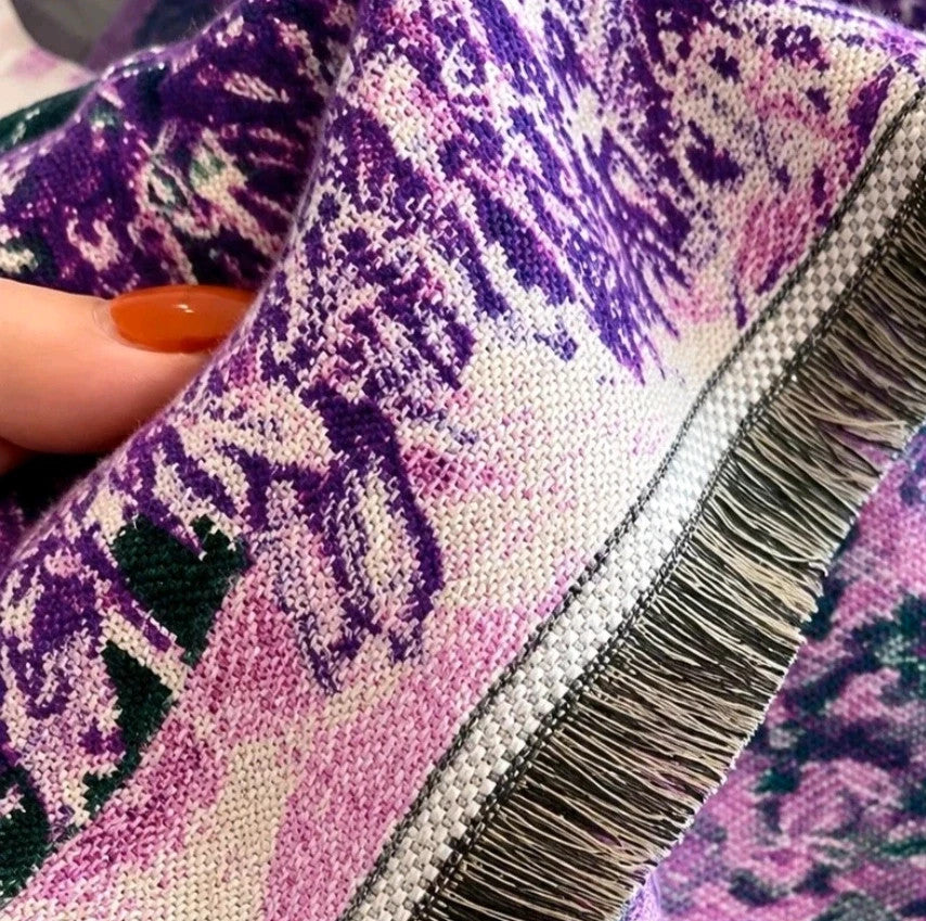 ALS beige and purple shawl with fringe, featuring a vibrant pattern in lilac and cream.