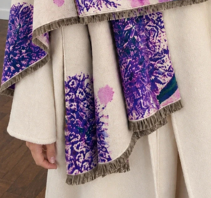 ALS beige and purple shawl with fringe, featuring a vibrant pattern in lilac and cream.