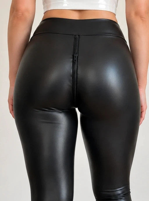 Leggings black faux leather leggings with discreet front zipper and high waistband.