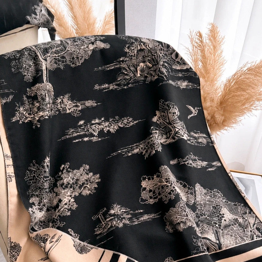 XXL beige and black reversible shawl with beautiful pattern and soft polyester material.