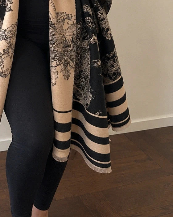 XXL beige and black reversible shawl with beautiful pattern and soft polyester material.