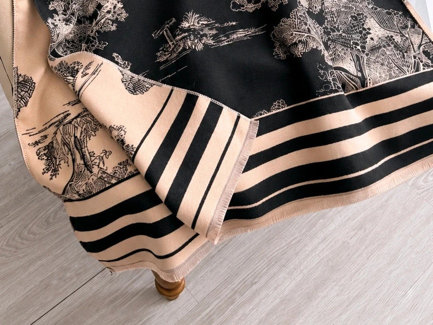 XXL beige and black reversible shawl with beautiful pattern and soft polyester material.