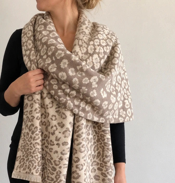 beige shawl cream grey animal print reversible polyester fabric