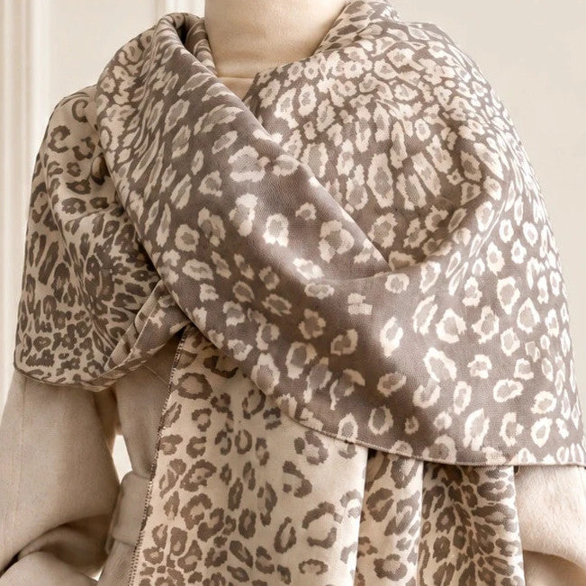 beige shawl cream grey animal print reversible polyester fabric