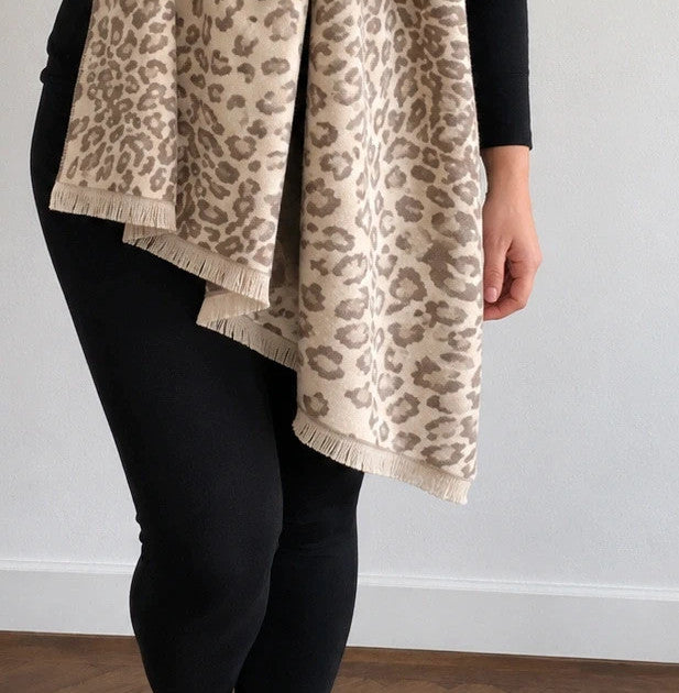beige shawl cream grey animal print reversible polyester fabric